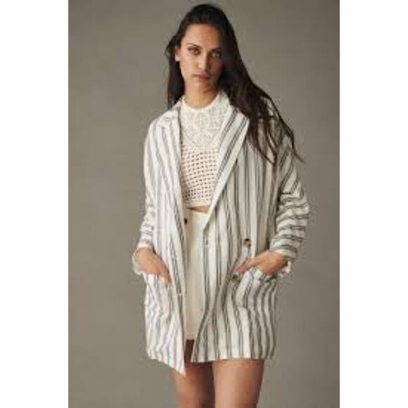 Anthropologie Pilcro EUC Dolman Sleeve Black Gray White Striped Cotton Blazer M - Picture 1 of 9